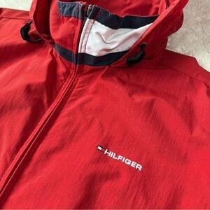 VTG 90s Y2K Tommy Hilfiger Men Red Zip-Up Nylon Hooded Windbreaker Jacket LARGE